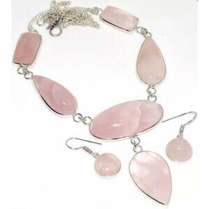 925 Silver Rose Quartz Necklace Earrings Set Jewelry Size 19|1.3"